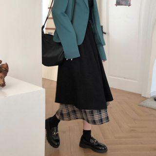 Mock Two-piece Midi A-line Skirt Plain Color - Black & Plaid - Brown - One Size