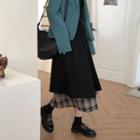 Mock Two-piece Midi A-line Skirt Plain Color - Black & Plaid - Brown - One Size