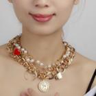 Faux Pearl Alloy Pendant Layered Choker Gold - One Size