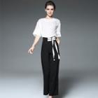 Set: Elbow-sleeve Chiffon Top + Belted Pants