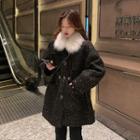 Glitter Faux Fur-trim Wool Coat Black - One Size