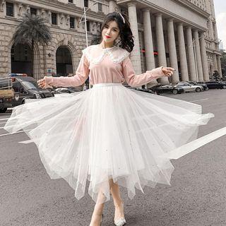 Lace Top / V-neck Knit Top / A-line Midi Skirt / Set