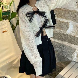 Ribbon Tie-front Pointelle Knit Cardigan Off-white - One Size
