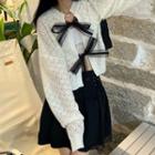 Ribbon Tie-front Pointelle Knit Cardigan Off-white - One Size