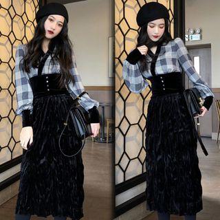 Plaid Blouse / Midi Pleated Skirt
