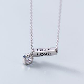 925 Sterling Silver Rhinestone Heart & Love Lettering Bar Pendant Necklace Silver - One Size