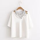 Striped Panel Cut Out Shoulder Elbow Sleeve T-shirt