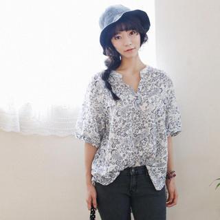Open-placket Floral Print Top