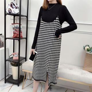 Set: Long-sleeve Knit Top + Spaghetti Strap Diamond Print Mini Knit Dress