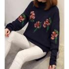 Flower Embroidered Mock-neck Sweater