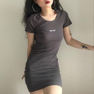 Letter Embroidered Short-sleeve Mini Sheath Dress