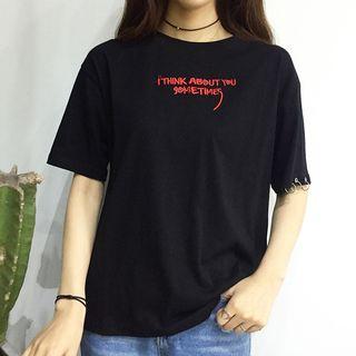 Lettering Short-sleeve T-shirt With Metal Rings Detail