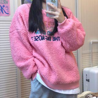 Mock Two Piece Letter Embroidered Faux Fur Sweater Pink - One Size