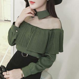 Mesh Panel Ruffle Trim Chiffon Blouse
