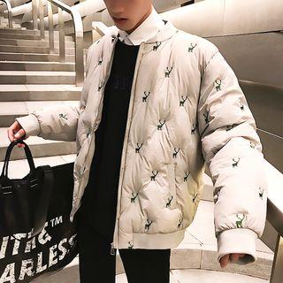 Deer Embroidered Padded Bomber Jacket