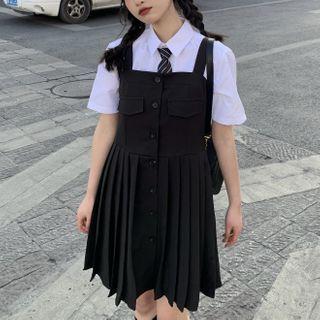 Pleated Mini A-line Overall Dress / Short-sleeve Shirt With Necktie