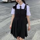 Pleated Mini A-line Overall Dress / Short-sleeve Shirt With Necktie