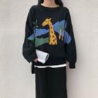 Giraffe Print Sweater / Plain Straight Fit Midi Skirt