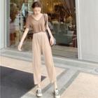 Short-sleeve V-neck T-shirt/ High-waist Wide-leg Pants