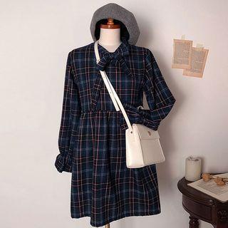Beribboned Bell-cuff Plaid Mini Dress