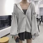 Puff-sleeve Drawstring Hooded Zip Jacket