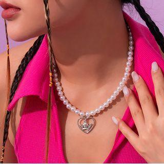 Heart Faux Pearl Necklace 1pc - 5090 - Silver & White - One Size