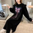 Butterfly Embroidered Ruffle Midi Sweatshirt Dress