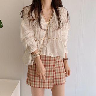 Embroidered Lace Blouse / Asymmetric Plaid Mini A-line Skirt
