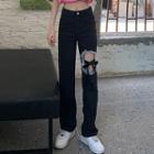 Cut-out Ribbon High-waist Straight-leg Jeans