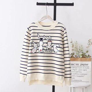 Rabbit Embroidered Striped Sweater