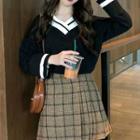V-neck Long-sleeve T-shirt/ Plaid Mini A-line Skirt