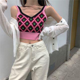 Patterned Cropped Knit Camisole Top