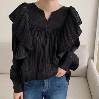 Puff Long-sleeve Plain Ruffle Trim Ruched Blouse
