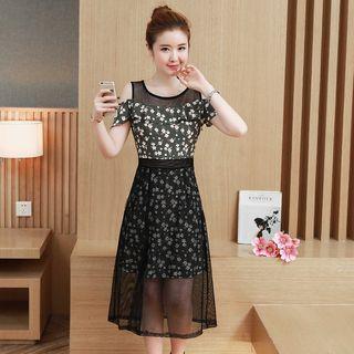 Printed Mesh Short-sleeve A-line Dress