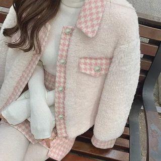 Set: Houndstooth Panel Fleece Jacket + Mini A-line Skirt