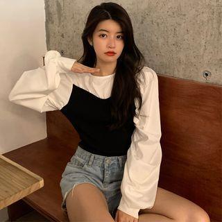 Mock Two-piece Two Tone Blouse Black - One Size
