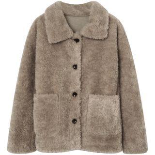 Collared Button-up Fleece Jacket Light Camel - One Size