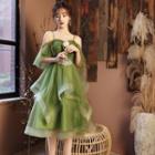 Elbow-sleeve Cold Shoulder Midi A-line Night Dress