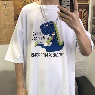 Elbow-sleeve Dinosaur Print T-shirt White - One Size
