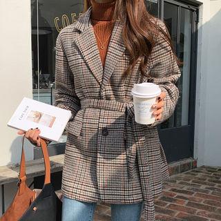 Single-breasted Plaid Jacket With Sash Brown - One Size