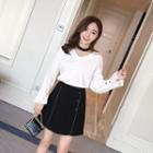 Set: Long Sleeve V-neck Blouse + Button A-line Skirt
