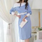 Set: Long-sleeve Striped Midi A-line Dress + Belt