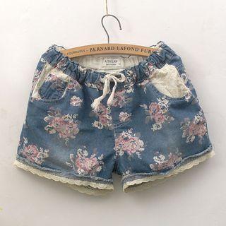Flower Print Drawstring Waist Denim Shorts