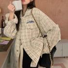 Lettering Embroidered Plaid Button-up Jacket White - One Size