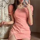 Puff-sleeve Square Neck Split-side Bodycon Dress