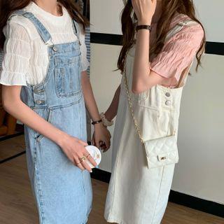 Midi A-line Denim Jumper Dress / Short-sleeve Crinkled Blouse
