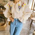 Flower-embroidered Capelet-collar Laced Blouse Beige - One Size