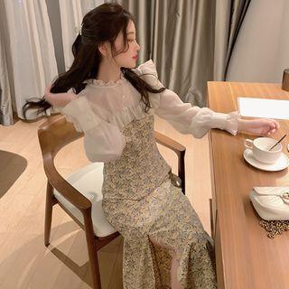 Long-sleeve Frill Trim Floral Print Midi A-line Chiffon Dress