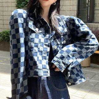 Check Print Denim Crop Jacket Blue - One Size