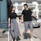 Couple Matching Short-sleeve T-shirt / Striped A-line Midi Skirt / Shorts